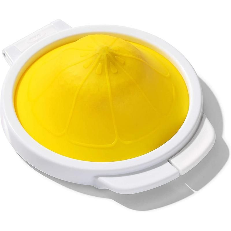 Silicone lemon saver with hinged lid, keeps cut lemons fresh and minimizes kitchen waste, BPA-free and dishwasher safe.