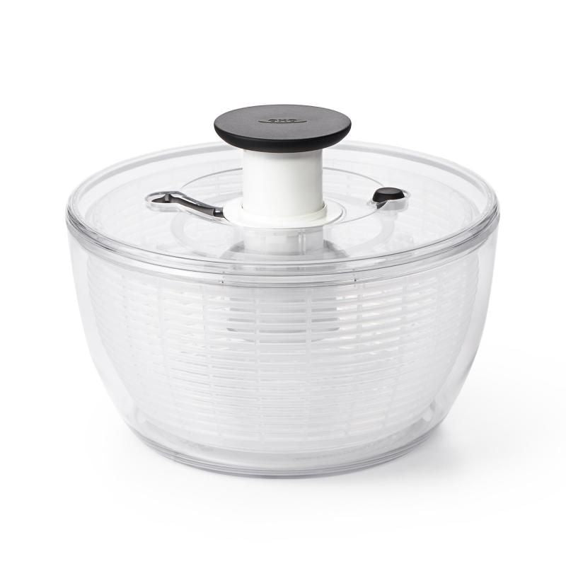 OXO Good Grips Salad Spinner 4.0 with one-handed pump, non-slip base, and clear bowl for washing and serving salads.