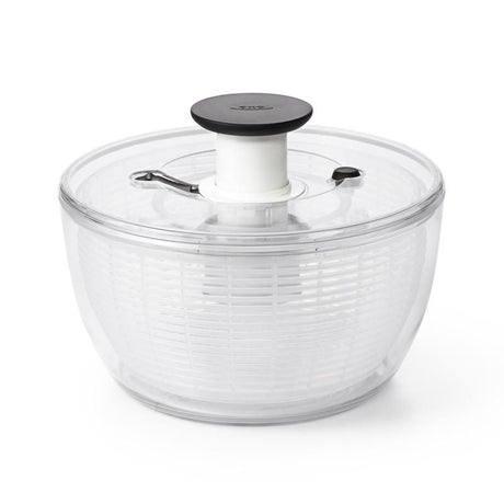 OXO Good Grips Salad Spinner 4.0 with one-handed pump, non-slip base, and clear bowl for washing and serving salads.