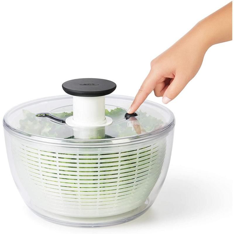 OXO Good Grips Salad Spinner 4.0 with pump mechanism for easy greens drying, elegant design, 6.22-quart capacity, dishwasher safe.