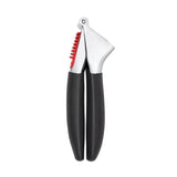 OXO Good Grip Garlic Press showcasing sturdy zinc design, large capacity chamber, comfortable handles, and built-in cleaner for easy use.