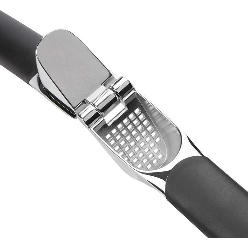 High-performance OXO Good Grip Garlic Press with large chamber, built-in cleaner, and comfortable non-slip handles.