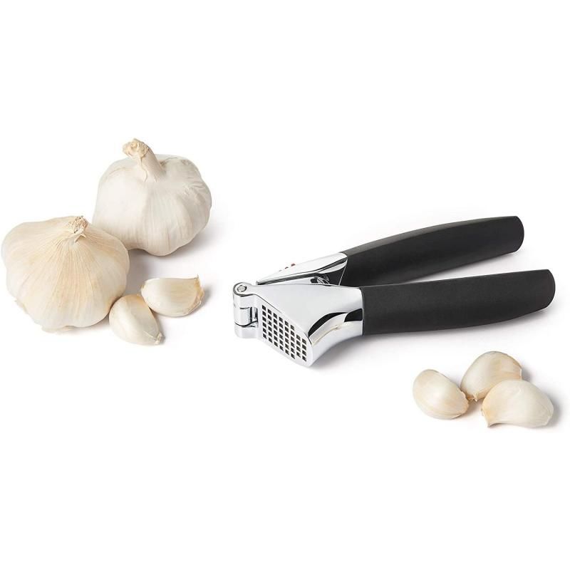 OXO Good Grip Garlic Press with die-cast zinc, large chamber, built-in cleaner, and soft handles for effortless garlic crushing.