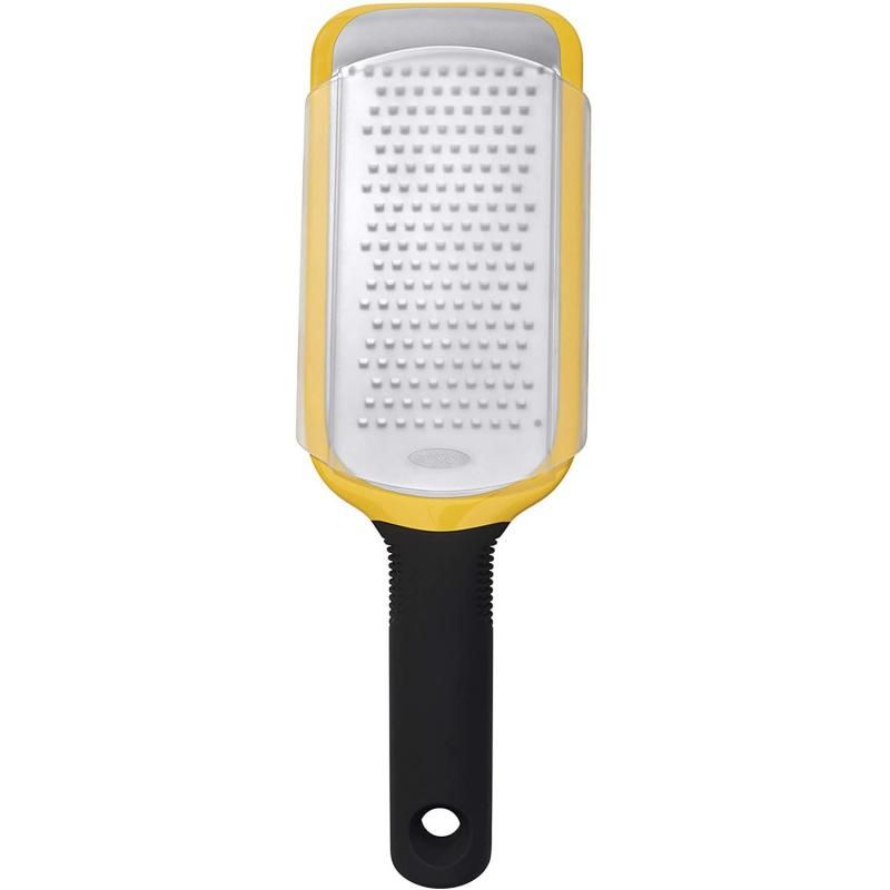 OXO Good Grips Etched Medium Grater with sharp stainless steel, non-slip feet, and soft handle for effortless grating.