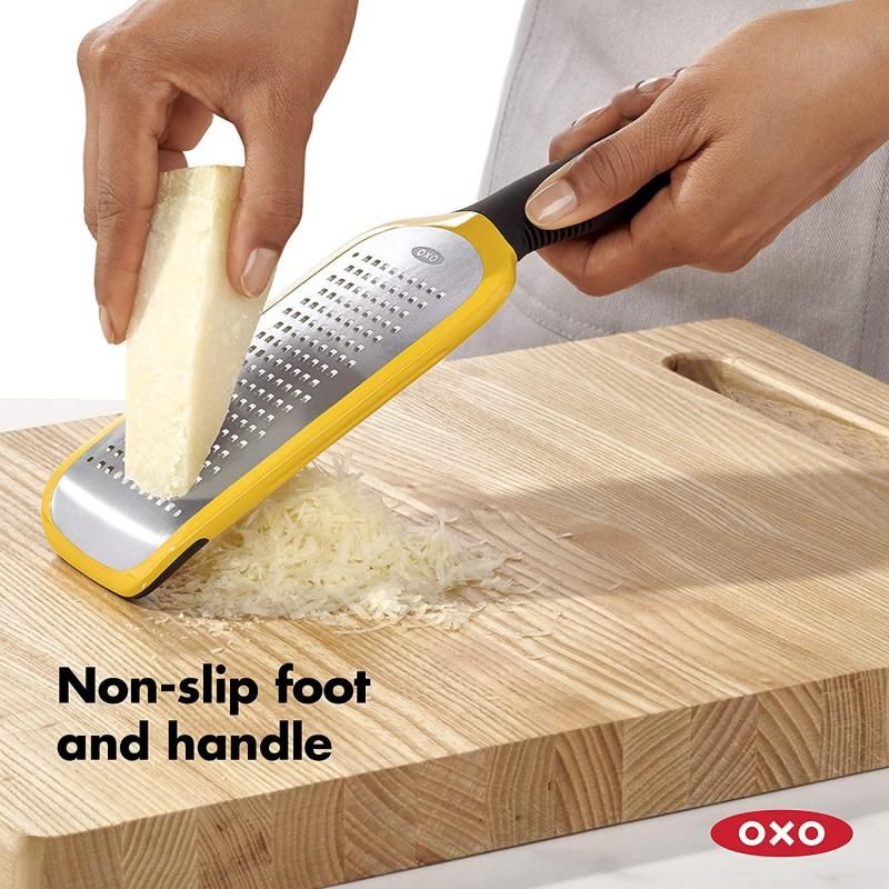 OXO Good Grips Etched Medium Grater with sharp stainless steel, non-slip feet, and comfortable handle for effortless grating.