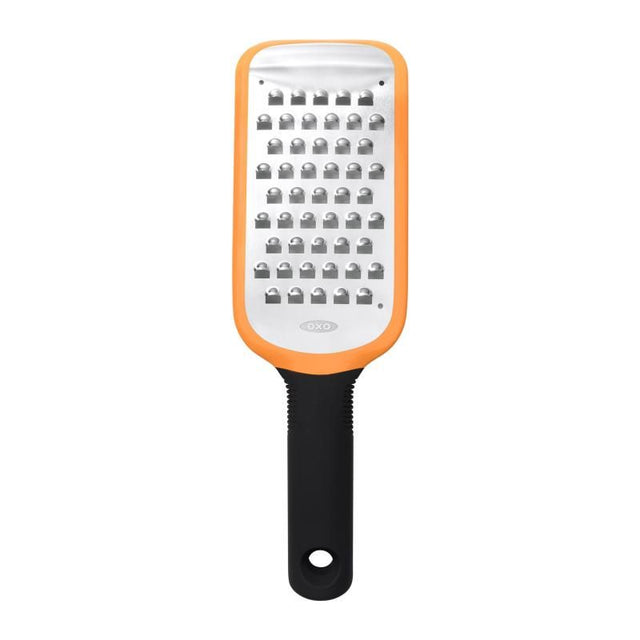 OXO Good Grips Etched Coarse Grater with sharp stainless steel for easy grating of cheeses, vegetables, and more.