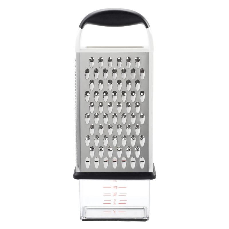 Versatile OXO Good Grip Box Grater with four grating surfaces and non-slip handle, includes attachable storage container.