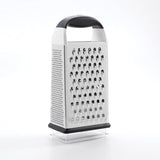 OXO Good Grip Box Grater featuring stainless steel surfaces for grating and slicing, with a non-slip handle and storage container.