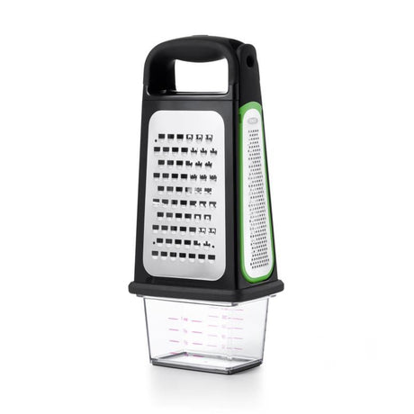 Versatile OXO Good Grips Box Grater featuring four surfaces and removable zester for easy shredding, slicing, and zesting.