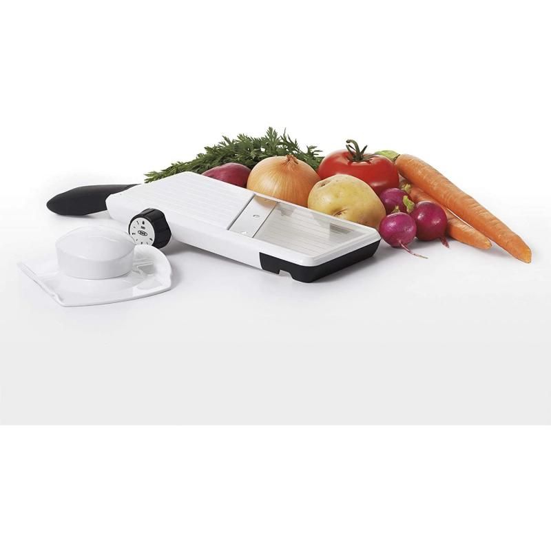 OXO Adjustable Hand-Held Mandoline Slicer with stainless steel blade, adjustable thickness, and non-slip grip for effortless slicing.