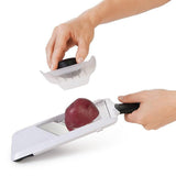 Lightweight OXO Good Grips Hand-Held Mandoline Slicer with adjustable thickness and safety guard for effortless vegetable preparation.