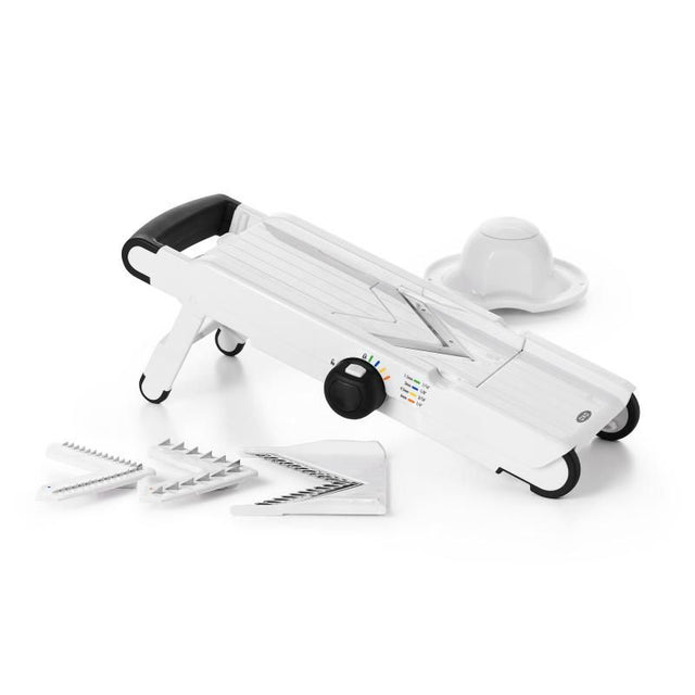 OXO Good Grips V-Blade Mandoline Slicer with adjustable thickness, sharp stainless steel blade, and textured surface for smooth slicing.