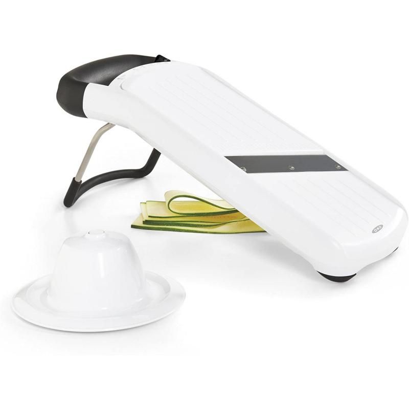 OXO Good Grips Simple Mandoline Slicer with adjustable thickness, sharp stainless steel blade, and safe food holder for easy slicing.