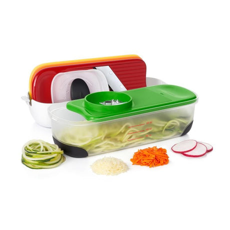 Three-in-one kitchen tool set featuring spiralizer, slicer, and graters for efficient meal prep with safety features.