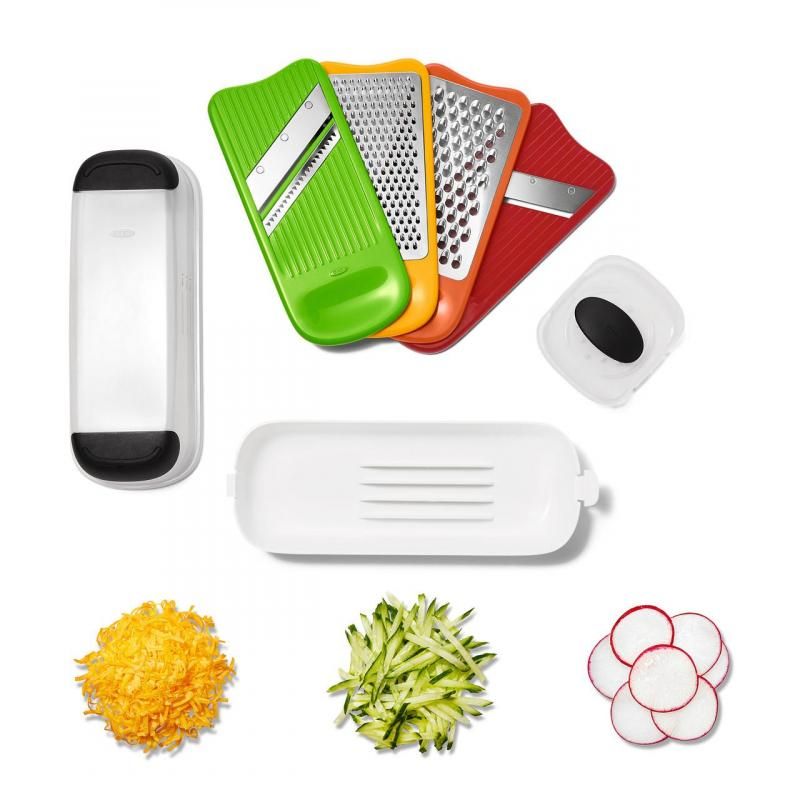 OXO Good Grips Complete Grate & Slicer Set with four interchangeable surfaces for effortless grating and slicing in the kitchen.