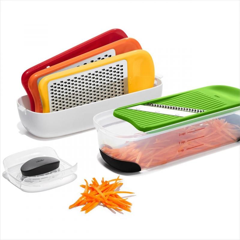 OXO Good Grips Complete Grate & Slicer Set with four interchangeable surfaces for easy grating and slicing of food.