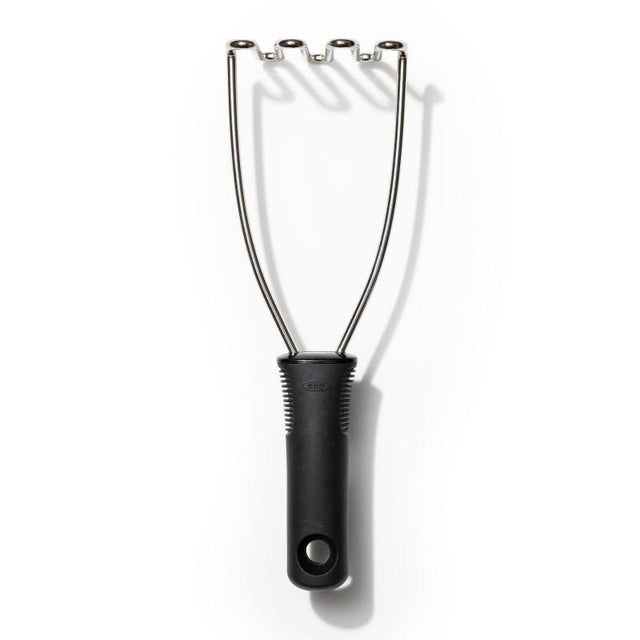 Stainless steel potato masher with cushioned handle for easy mashing of potatoes, root veggies, and fruits. Dishwasher safe.