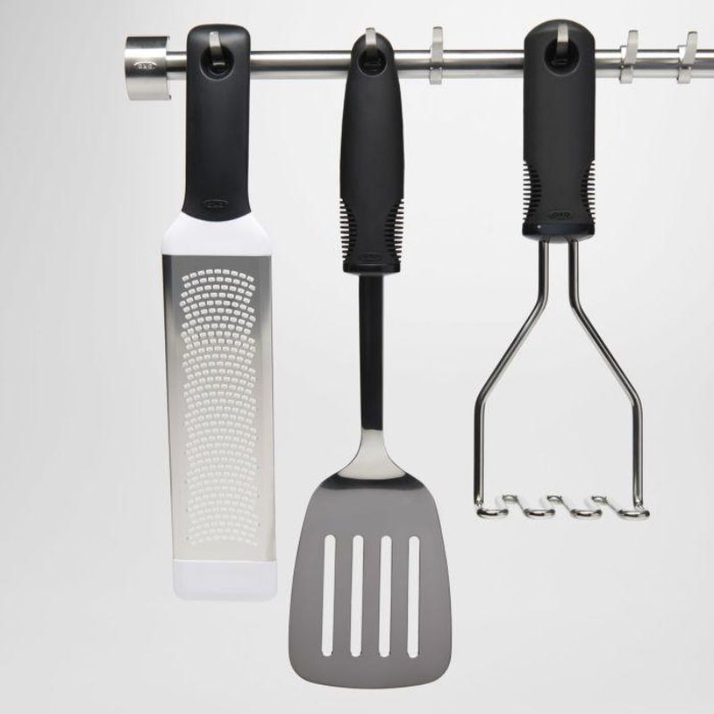 Stainless steel wire potato masher with cushioned handle for smooth, fluffy mashes of potatoes and root veggies.