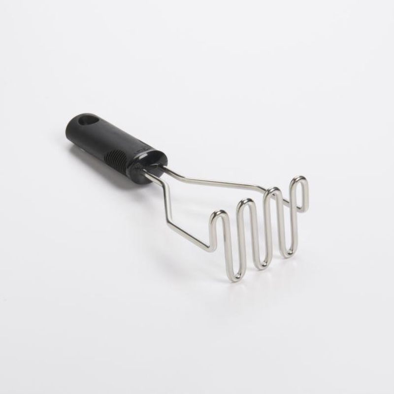 Stainless steel potato masher with cushioned handle, perfect for mashing potatoes and root vegetables smoothly.