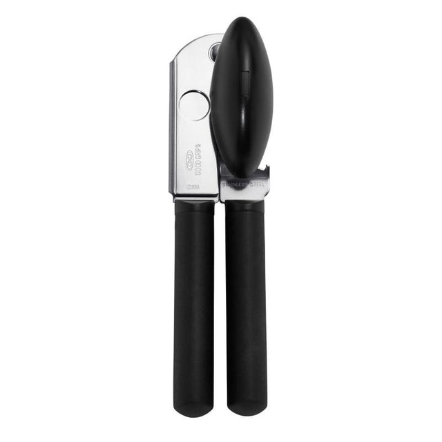 Comfortable OXO Good Grips Can Opener with large cushioned handles, sharp stainless steel wheel, and built-in bottle opener.