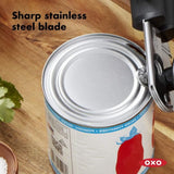 OXO Good Grips Soft-Handled Can Opener with cushioned grip, oversized knob, sharp stainless steel wheel, and built-in bottle opener.