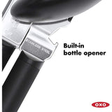 OXO Good Grips Soft-Handled Can Opener with cushioned handles, oversized knob, and sharp stainless steel cutting wheel.