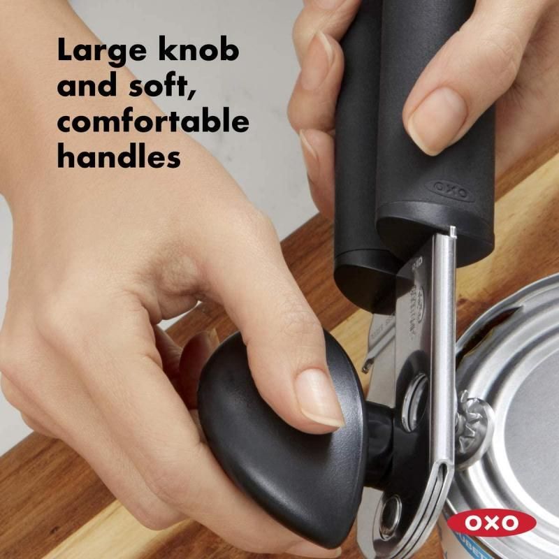 OXO Good Grips Soft-Handled Can Opener with cushioned handles, oversized knob, and built-in bottle opener for easy can opening.