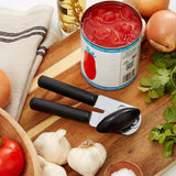 Soft-handled can opener with cushioned grip, sharp stainless steel wheel, and built-in bottle opener for effortless can opening.