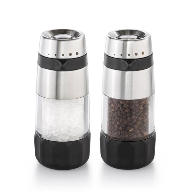 Stylish OXO salt and pepper grinder set with adjustable grind, mess-free design, and clear acrylic for easy monitoring.