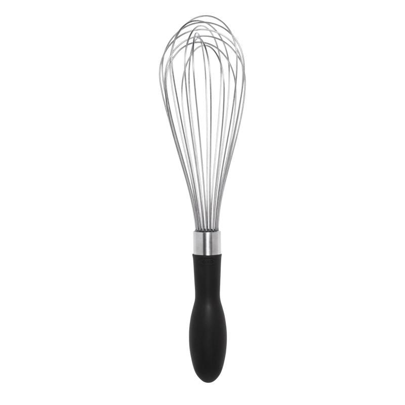 Stainless steel whisk with comfortable Santoprene handle for effortless whisking and baking tasks in the kitchen.