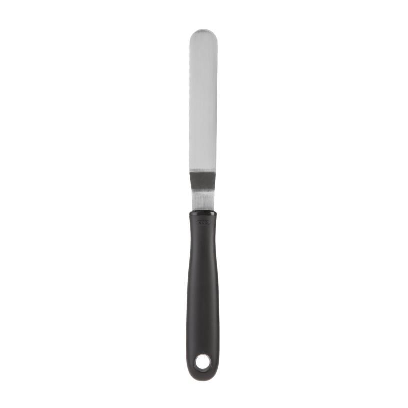 Stainless-steel icing knife with a bent blade for easy frosting, featuring a soft non-slip handle and dishwasher safe design.