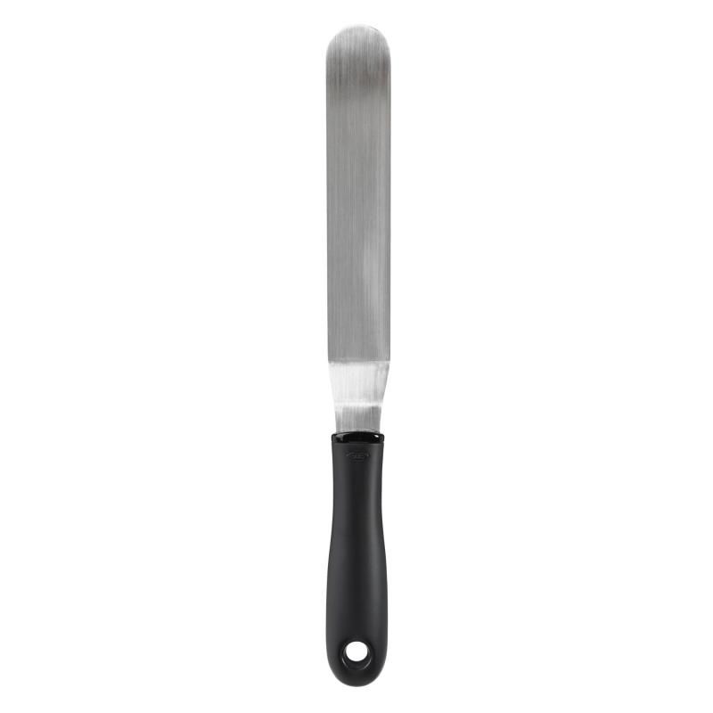 Bent icing knife with flexible stainless-steel blade and non-slip handle for easy cake decorating and precision icing.