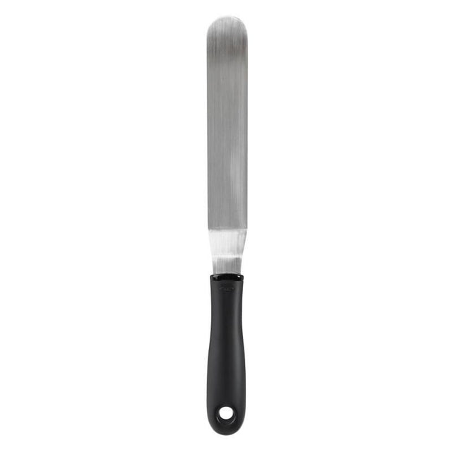 Bent icing knife with flexible stainless-steel blade and non-slip handle for easy cake decorating and precision icing.