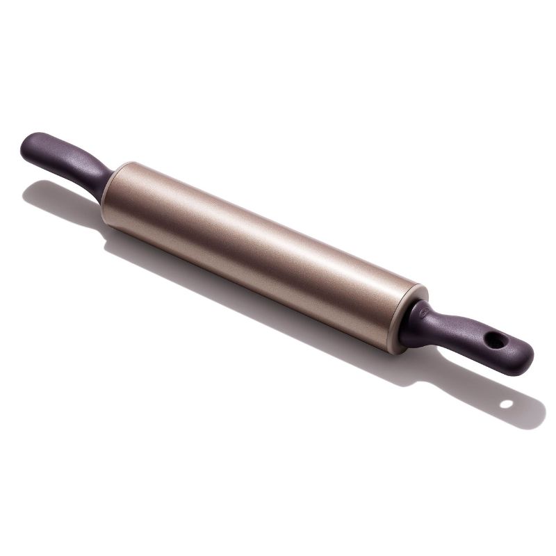 Non-stick rolling pin with comfortable handles, ideal for baking pastries and pizza, featuring a durable design and easy cleanup.