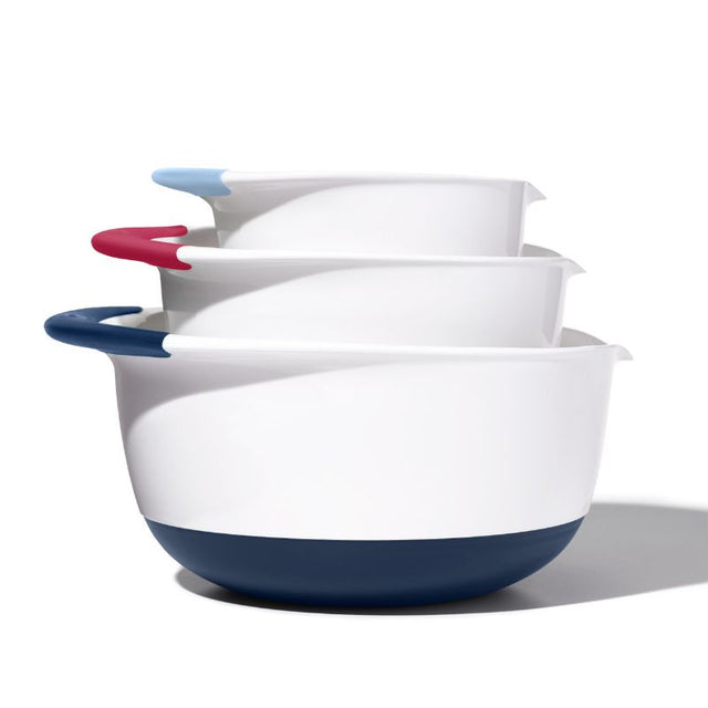 OXO Good Grips 3-piece mixing bowl set with non-slip handles, stabilizing bases, and pour spouts for effortless cooking.