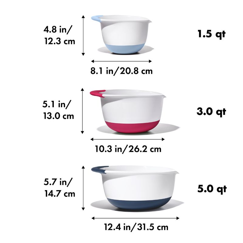 Set of OXO Good Grips 3 mixing bowls in 1.4L, 2.8L, and 4.7L sizes with non-slip handles and spouts for easy pouring.