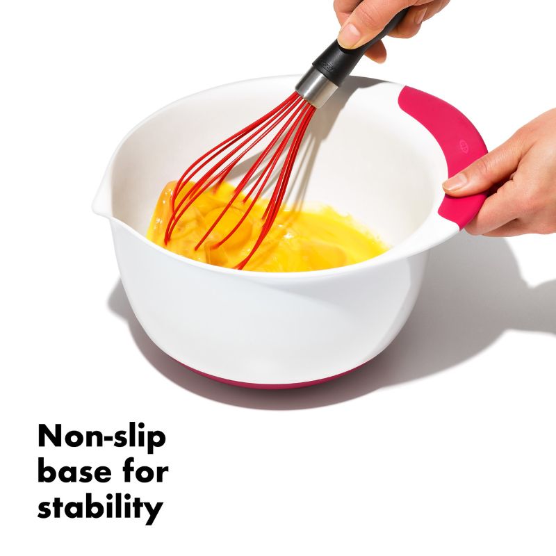 Set of three OXO mixing bowls in various sizes with non-slip handles and spouts for easy pouring and stable mixing.