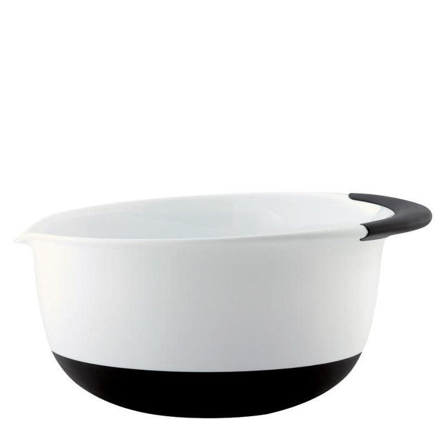 OXO Good Grips Mixing Bowl with non-slip base, comfortable handle, and wide spout for easy pouring, available in three sizes.