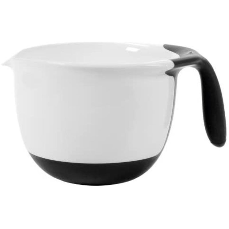 OXO Good Grips Batter Bowl with high sidewalls, red measurement markings, non-slip handle, and pour spout for effortless mixing.