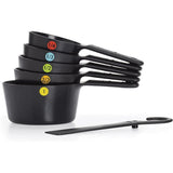 Set of 6 OXO Good Grips measuring cups with unique snapping design, soft-touch handles, and clear measurement markings.