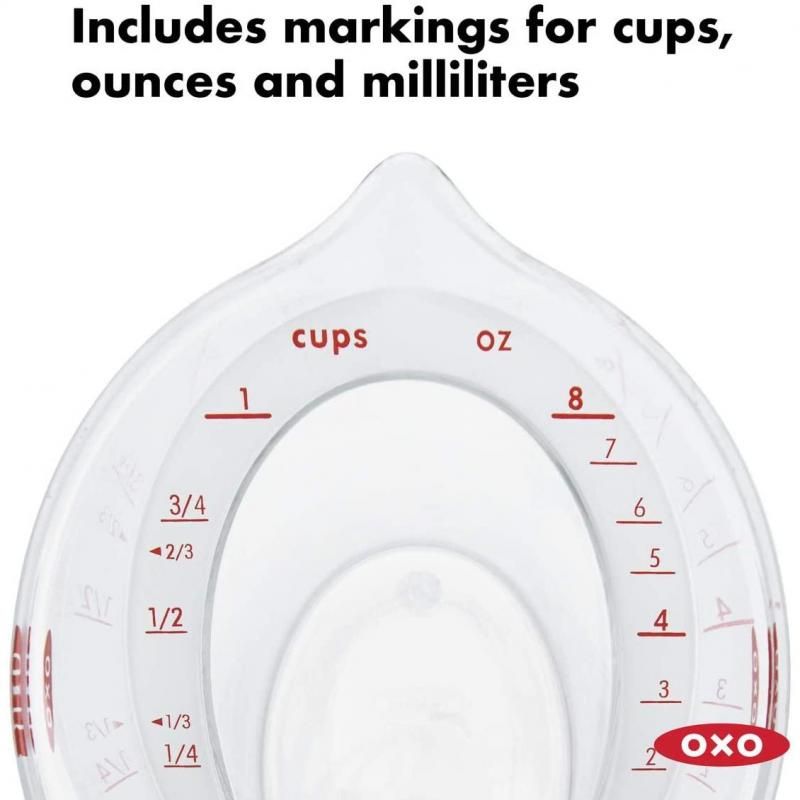 Angled measuring cup with non-slip handle for accurate liquid measurements up to 1 cup (237ml); dishwasher-safe convenience.