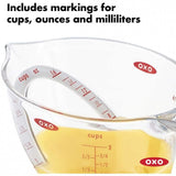 Clear view of OXO Good Grips Angled Measure Cup with a non-slip handle, showing precise measurements and easy pouring design.