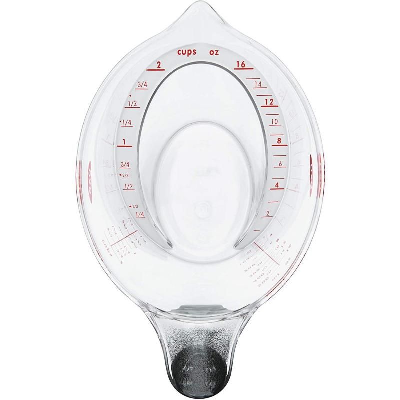 Clear measuring cup with patented angled surface, non-slip handle, and generous spout for accurate and easy pouring.