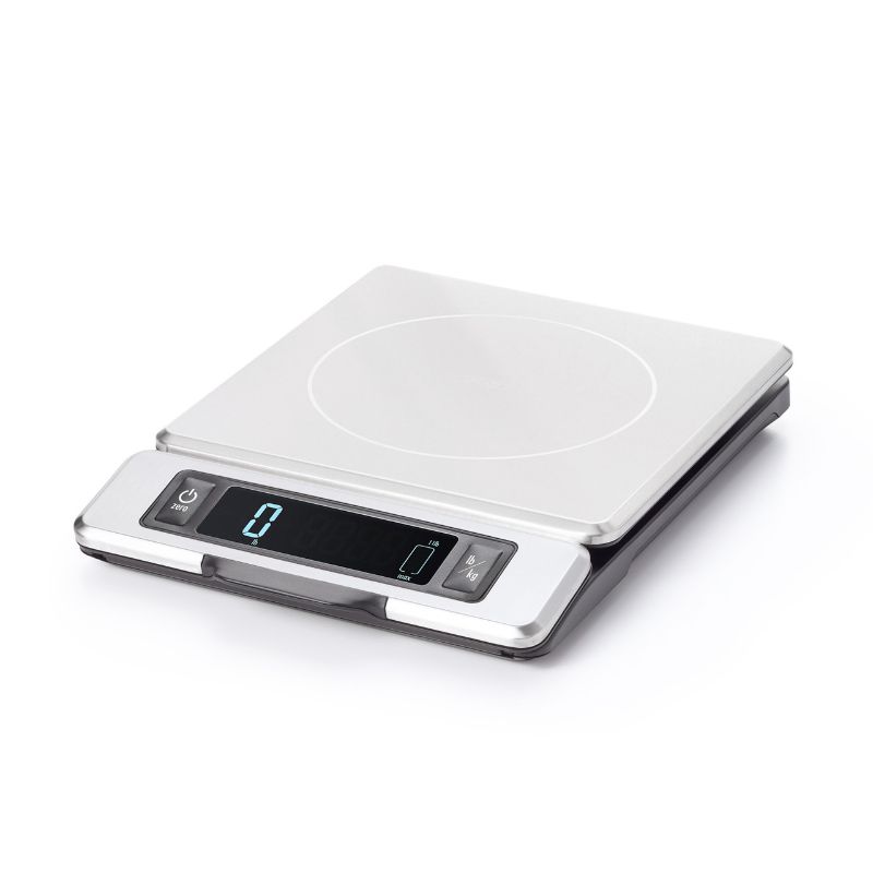 Sleek stainless steel food scale with pull-out display, measuring up to 11 lbs/5 kg, ideal for precise cooking and baking.