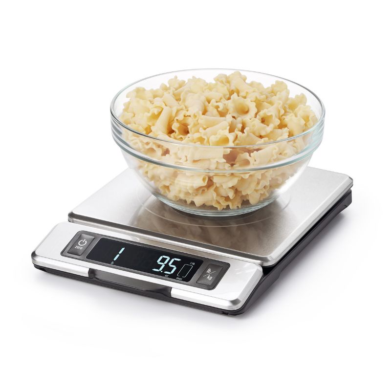 Stainless steel food scale with pull-out display, max 11 lbs capacity, precise measurements for cooking and baking.