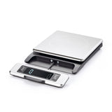 Stainless steel food scale with pull-out display, 11 lb capacity, precise measurements, easy to use and clean.