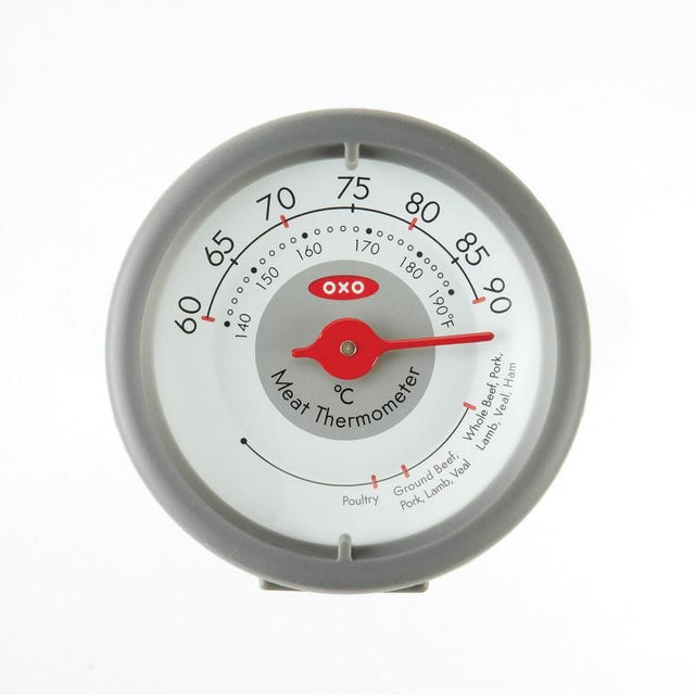 OXO Good Grips Analog Leave-In Meat Thermometer with stainless steel design for accurate meat temperature readings.