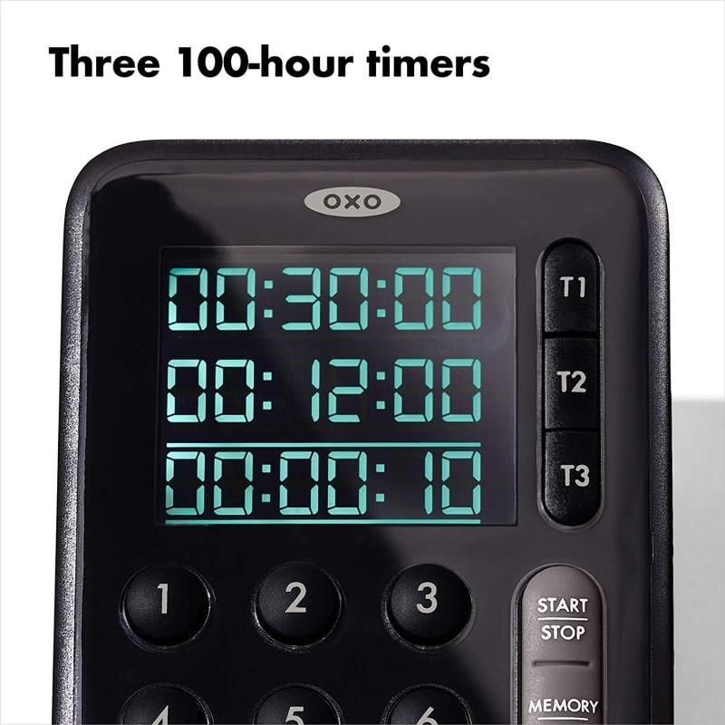 OXO Good Grips Triple Task Kitchen Timer with three timers, large backlit display, and adjustable volume for easy monitoring.