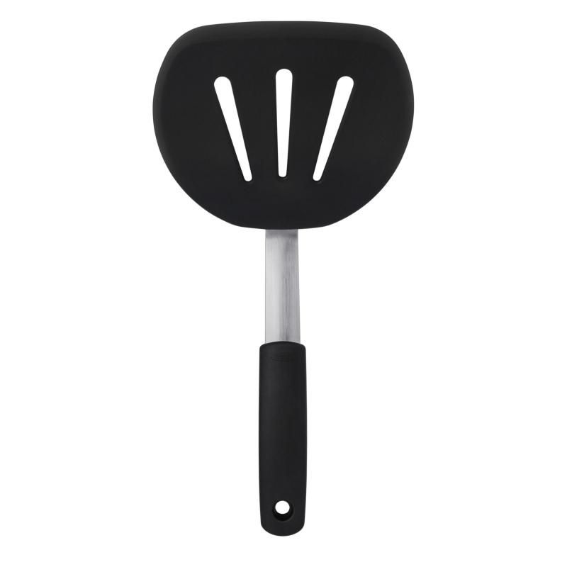 Flexible silicone pancake turner with stainless steel core, ideal for flipping pancakes, burgers, and omelets effortlessly.