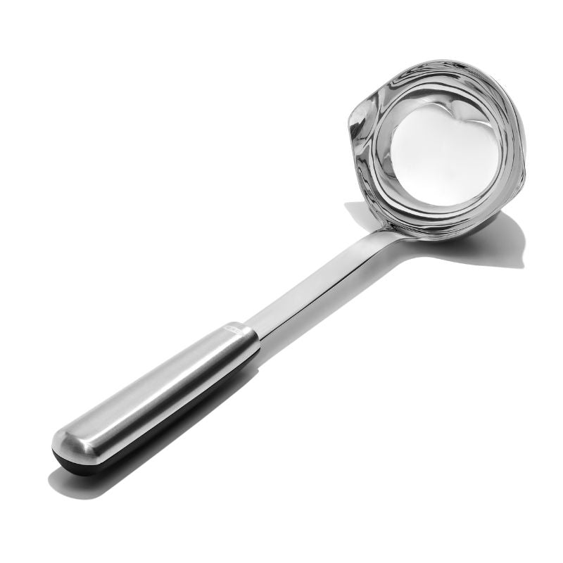 Stainless steel OXO ladle with angled head and dual pour spouts, designed for mess-free serving of soups and stews.